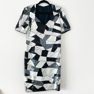 Silver Abstract New Wave Artsy Sequin Neck Cocktail Mob Wife Era Dress